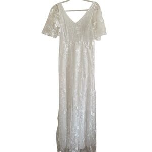 White Flutter Sleeve V-Neck Bridal Gown